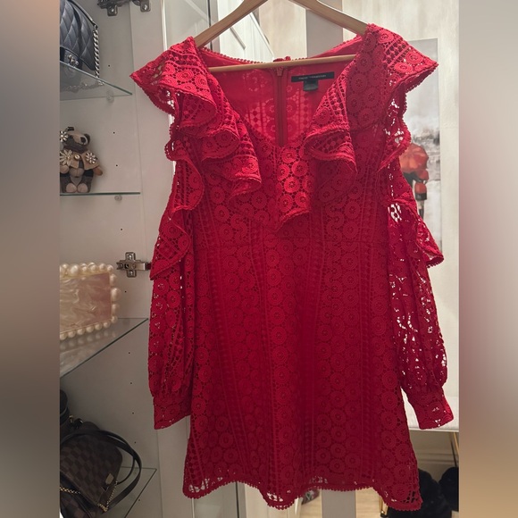 French Connection Lace Red Balloon Sleeve V-Neck Dress - Picture 6 of 13